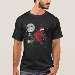 Funny Christmas Bigfoot Reindeer Santa Plaid Moon T-Shirt