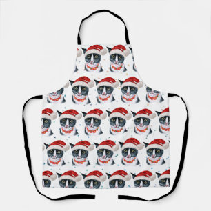 Funny Christmas Black and White Cat Watercolor Apron