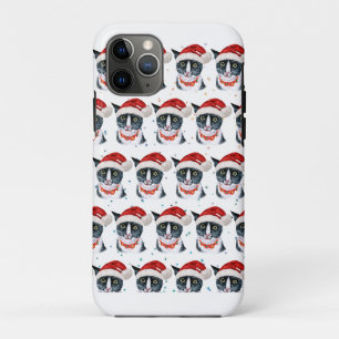 Funny Christmas Black and White Cat Watercolor iPhone 11 Pro Case
