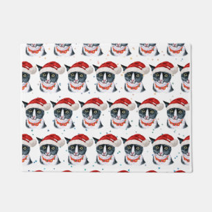Funny Christmas Black and White Cat Watercolor Doormat