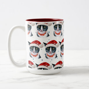 Funny Christmas Black and White Cat Watercolor Two-Tone Coffee Mug
