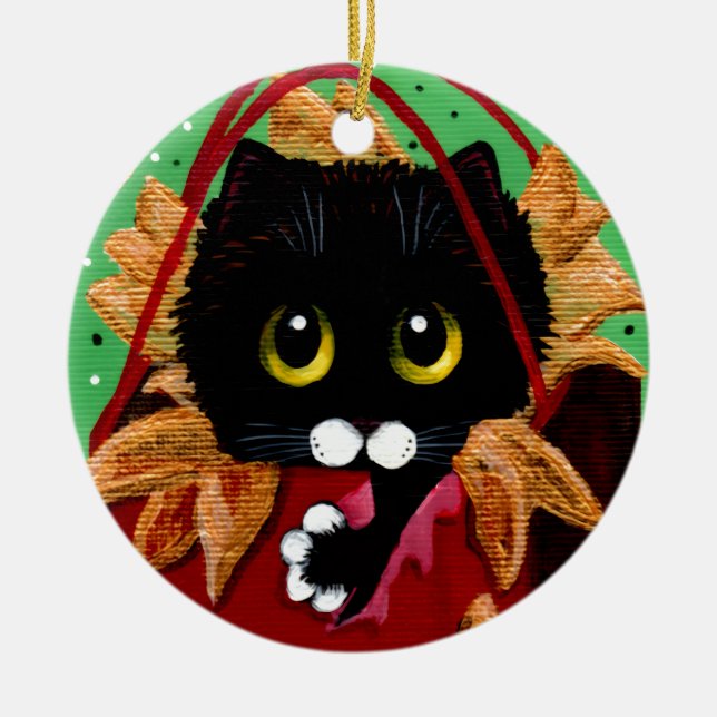 Funny Christmas Black Cat Art Creationarts Ceramic Tree Decoration (Front)