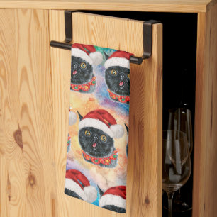 Funny Christmas Black Cat Christmas Party Tea Towel