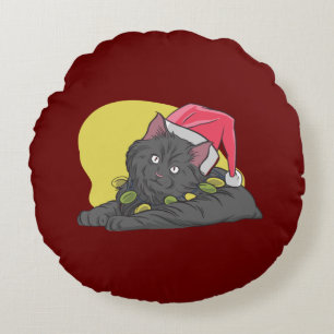 Funny Christmas Black Cat Round Cushion