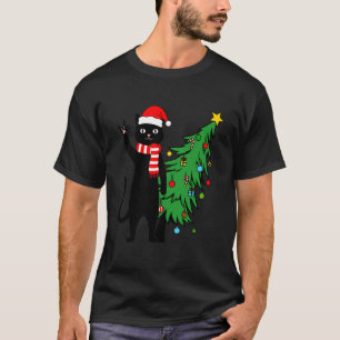 Funny Christmas Black Cat Santa Hat Xmas Tree Cat T-Shirt