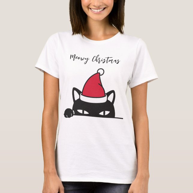 Funny Christmas Black Cat T-Shirt (Front)