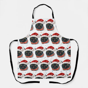 Funny Christmas Black Cat Watercolor Apron