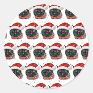 Funny Christmas Black Cat Watercolor Classic Round Sticker