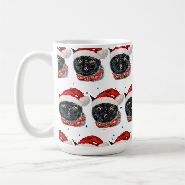 Funny Christmas Black Cat Watercolor Coffee Mug (Left)