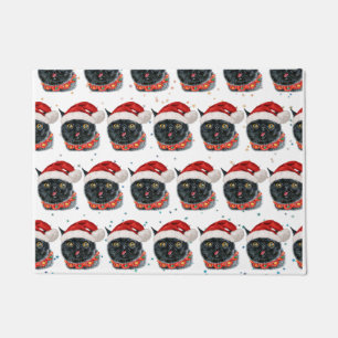 Funny Christmas Black Cat Watercolor Doormat