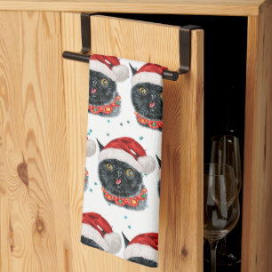 Funny Christmas Black Cat Watercolor Tea Towel