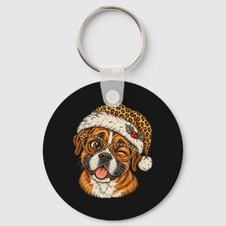 Funny Christmas Boxer With Leopard Santa Hat Cute Key Ring