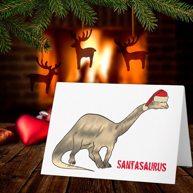 Funny Christmas Brontosaurus Santa Dinosaur Slogan Card (Christmas dinosaur santasaurus  cute brontosaurus wearing a Santa hat holiday greetings card )