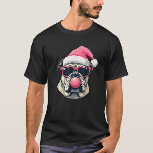 Funny Christmas Bulldog Santa Hat Sunglasses Bubbl T-Shirt