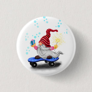 Funny Christmas Button Skater Gnome with Gifts