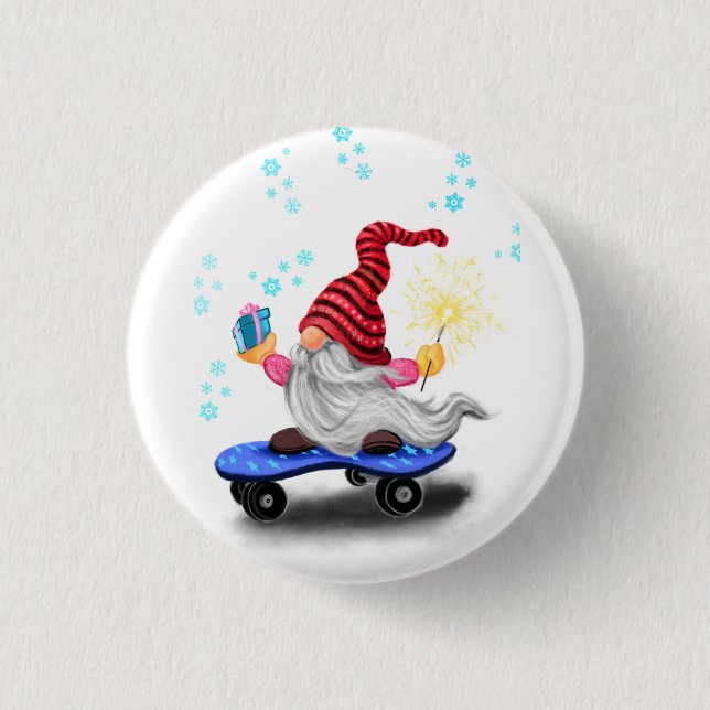 Funny Christmas Button Skater Gnome with Gifts (Front)