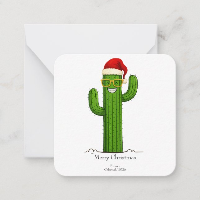 Funny Christmas Cactus with Santa Hat & Glasses Card (Front)