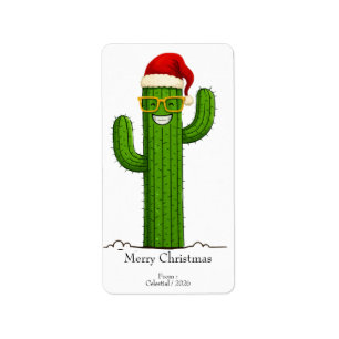 Funny Christmas Cactus with Santa Hat & Glasses Label