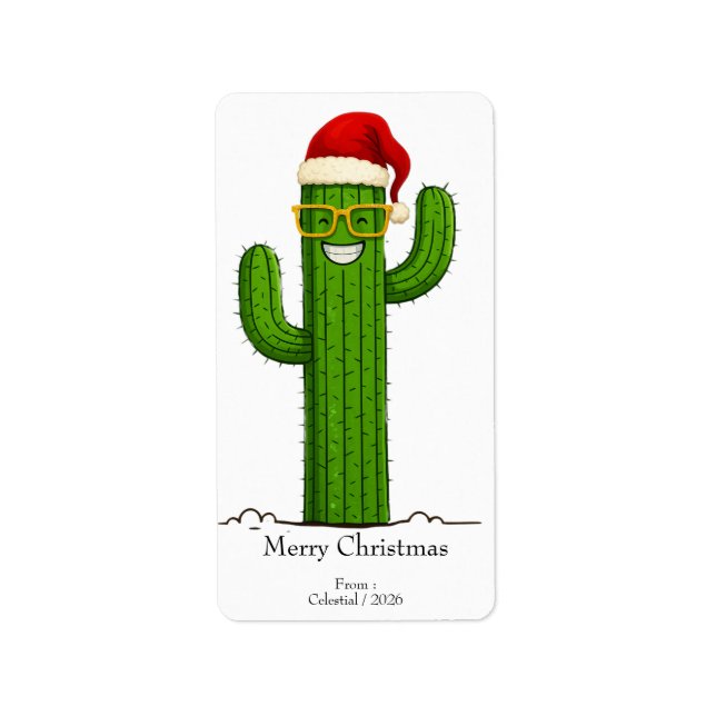 Funny Christmas Cactus with Santa Hat & Glasses Label (Front)