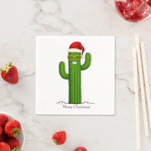 Funny Christmas Cactus with Santa Hat & Glasses Napkin