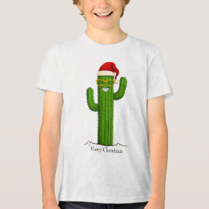 Funny Christmas Cactus with Santa Hat & Glasses Tri-Blend Shirt
