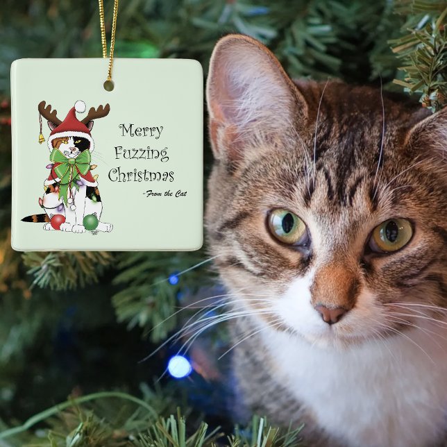 Funny Christmas Calico Cat Ceramic Ornament (Creator Uploaded)