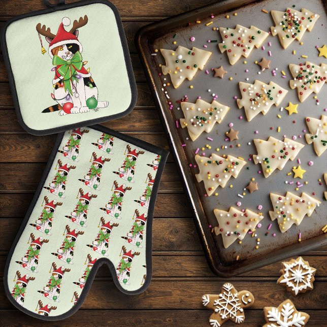 Funny Christmas Calico Cat Oven Mitt & Pot Holder Set (Creator Uploaded)