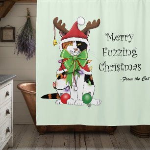 Funny Christmas Calico Cat Shower Curtain