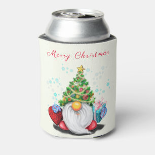 Funny Christmas Can Coolers Gnome with Gift