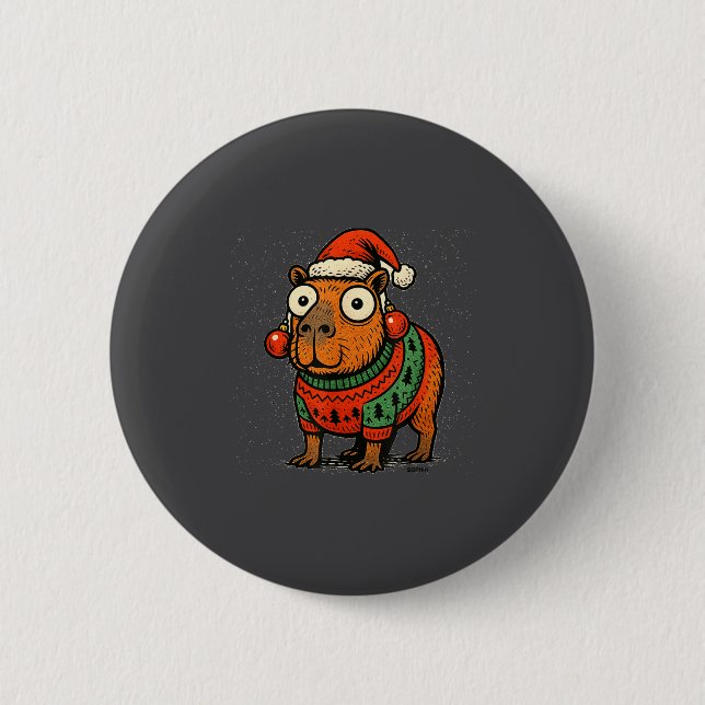 Funny Christmas Capybara With Santa Hat &amp; Swea 6 Cm Round Badge (Front)