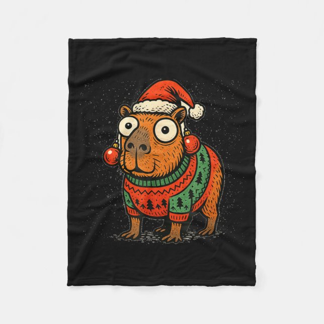 Funny Christmas Capybara With Santa Hat &amp; Swea Fleece Blanket (Front)