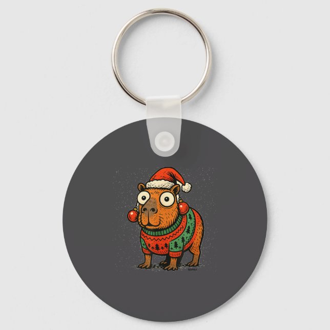 Funny Christmas Capybara With Santa Hat &amp; Swea Key Ring (Front)