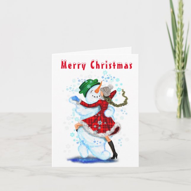 Funny Christmas Card Snowman and Girl Dancers (Front)