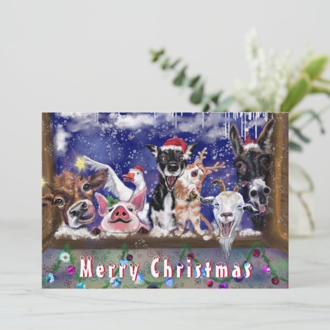 Funny Christmas Card with Happy Farm Animal Party (Standing Front)