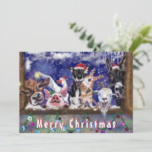 Funny Christmas Card with Happy Farm Animal Party
