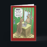 Funny Christmas Cards: All-Nighter Holiday Card<br><div class="desc">A cartoon Christmas greeting card with a cartoon of one of Santa’s Reindeer getting ready for the big night and doing his best to get in the mood.. The inside of the card reads “Wishing you a very Merry Christmas and Happy Holidays filled with fun…food and family.</div>