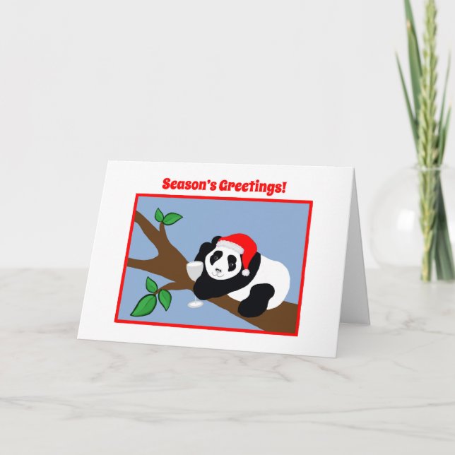 Funny Christmas Cards Panda Bear Santa with Wine (Front)