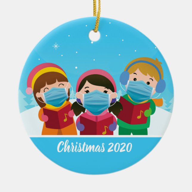 Funny Christmas Carolers in Face Mask Ceramic Tree Decoration (Front)
