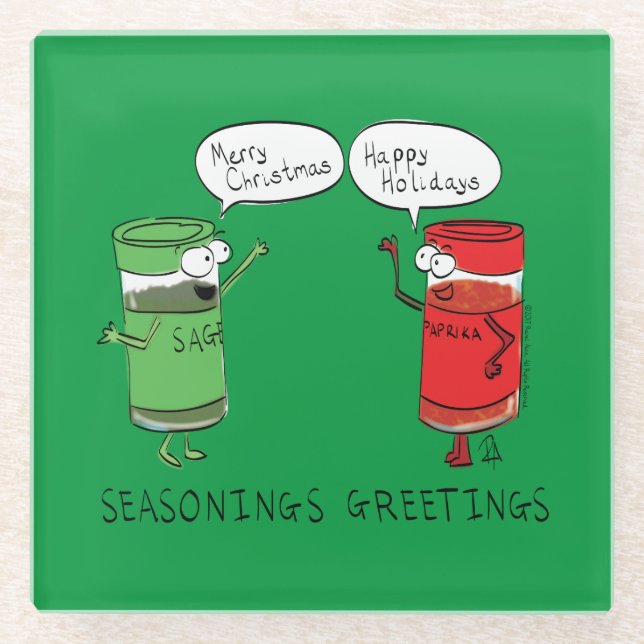 Funny Christmas Cartoon Cooking Spices Glass Coaster (Front)