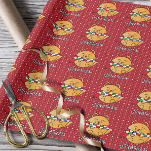  Funny Christmas Cartoon Kitten Personalised Red Wrapping Paper