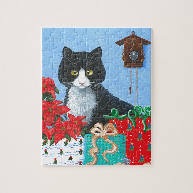 Funny Christmas Cat Black Tuxedo Cuckoo Clock Jigsaw Puzzle (Vertical)