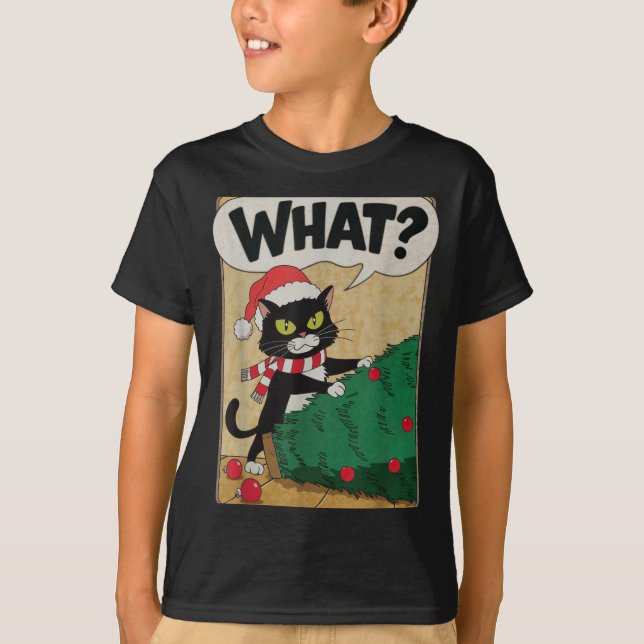 Funny Christmas Cat Christmas Tree Meowy Christmas T-Shirt (Front)