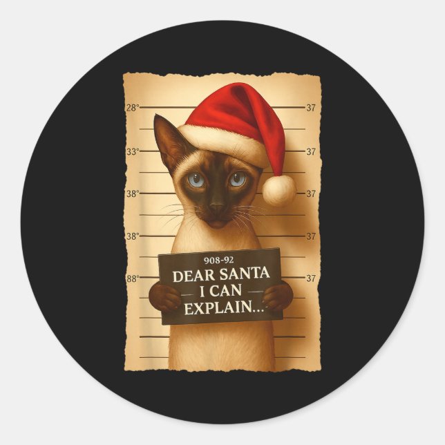 Funny Christmas Cat- Cute Siamese Santa Hat Tee  Classic Round Sticker (Front)