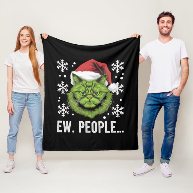 Funny Christmas Cat Ew People Meowy Cat Lovers  Fleece Blanket (In Situ)