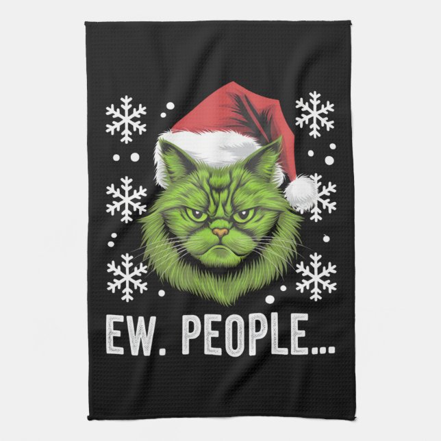 Funny Christmas Cat Ew People Meowy Cat Lovers  Tea Towel (Vertical)