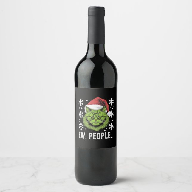 Funny Christmas Cat Ew People Meowy Cat Lovers  Wine Label (Front)