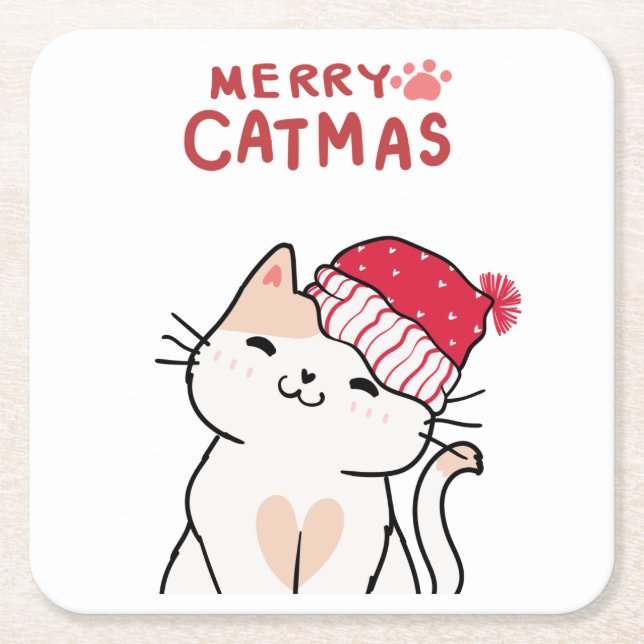 Funny Christmas Cat Lover Santa Hat Kitten Kitty   Square Paper Coaster (Front)