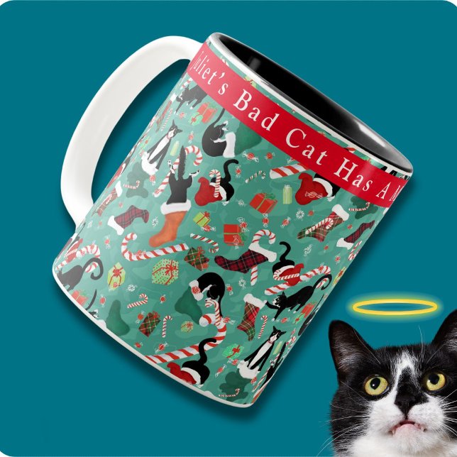 Funny Christmas Cat Mischief Personalised Two-Tone Coffee Mug (Cute Personalized holiday mug with a cat raiding the Christmas stockings funny pattern. )