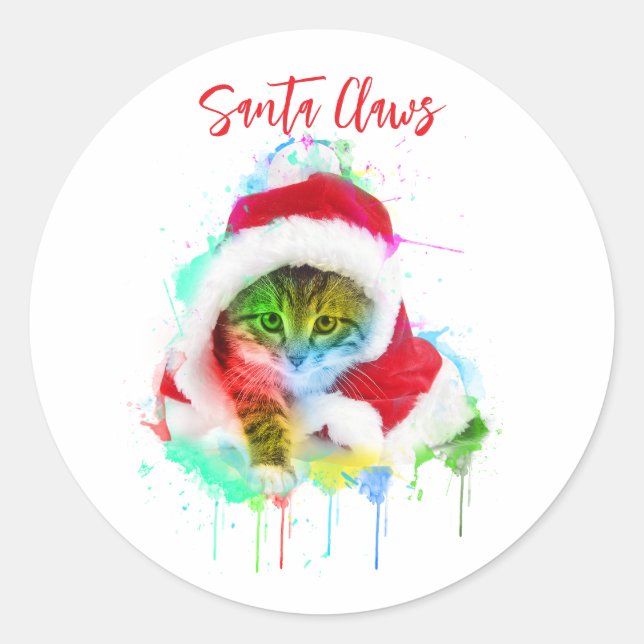 Funny Christmas Cat Santa Claws Classic Round Sticker (Front)