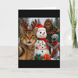 Funny Christmas Cat Selfie With Bigfoot Alien &amp Card